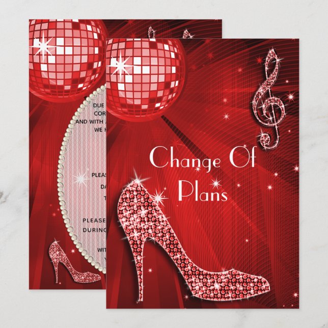 Red Disco Ball and Heels Change Of Plans Invitation (Front/Back)