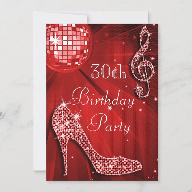 Red Disco Ball and Sparkle Heels 30th Birthday Invitation (Front)