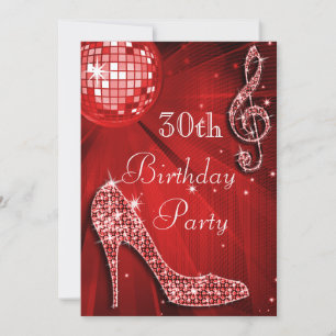 Red Disco Ball and Sparkle Heels 30th Birthday Invitation