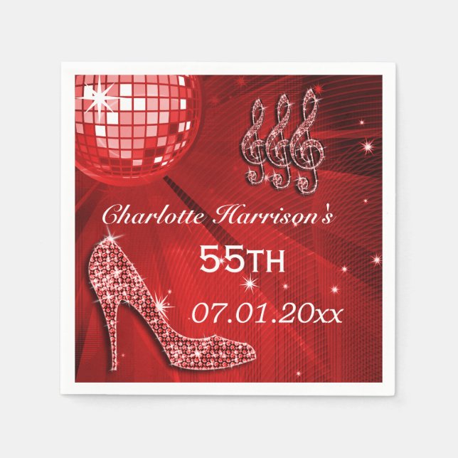 Red Disco Ball and Sparkle Heels 55th Napkin (Front)