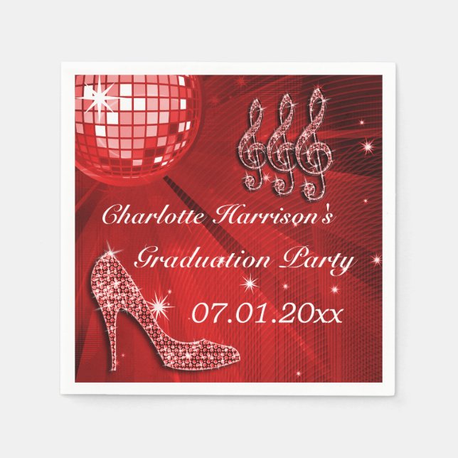 Red Disco Ball and Sparkle Heels Graduation Napkin (Front)