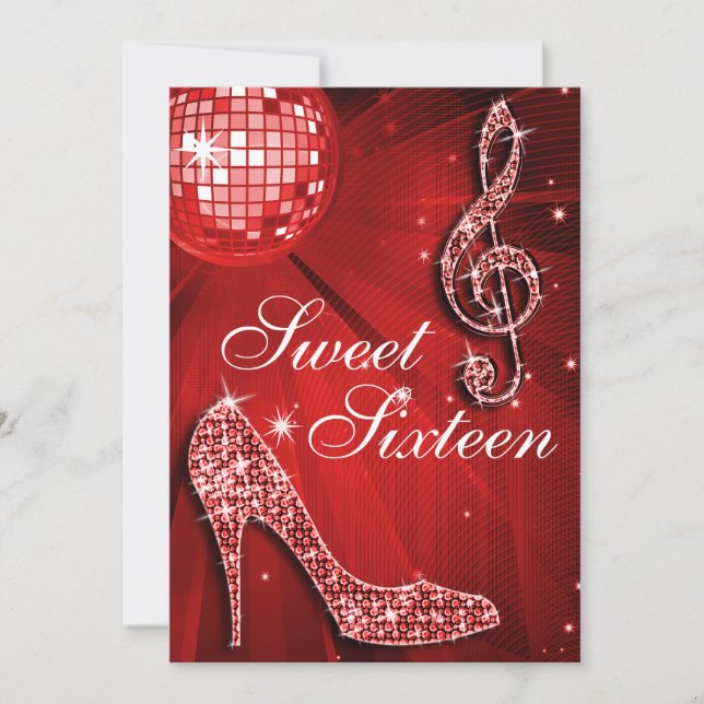 Red Disco Ball and Sparkle Heels Sweet 16 Invitation (Front)