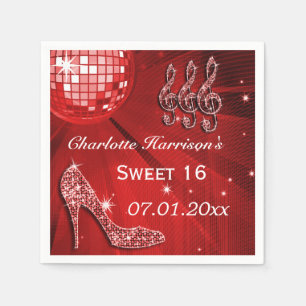 Red Disco Ball and Sparkle Heels Sweet 16 Napkin