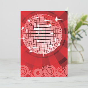 Red Disco Party Theme with Stars and Glitter Ball  Invitation