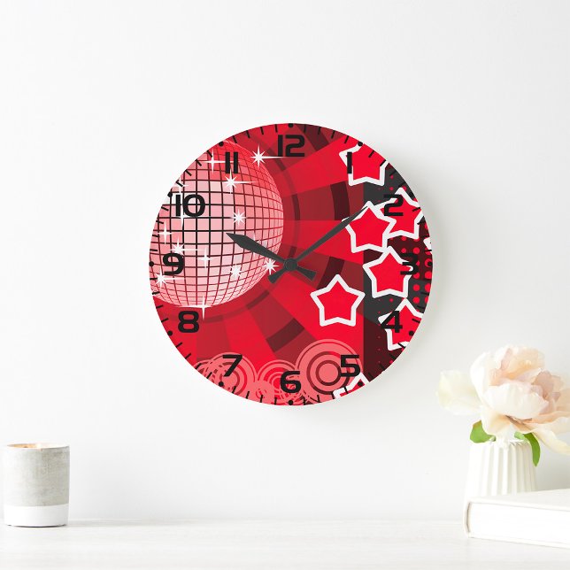 Red Disco Party Theme with Stars and Glitter Ball  Large Clock (Creator Uploaded)