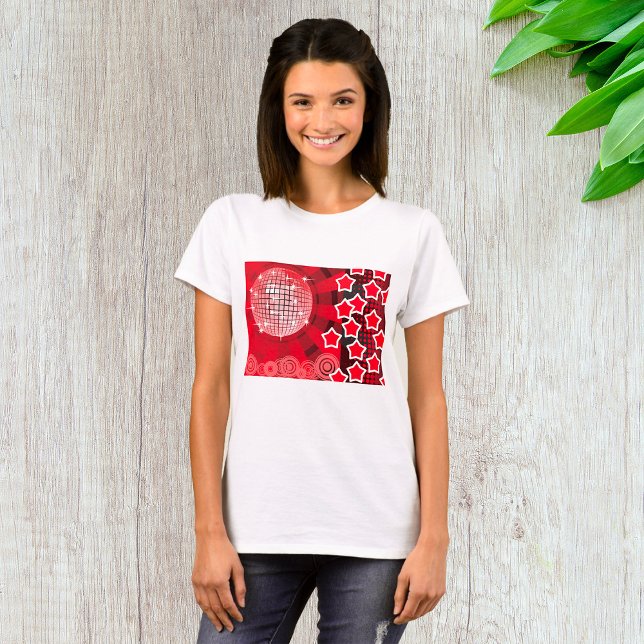 Red Disco Party Theme with Stars and Glitter Ball  T-Shirt (Creator Uploaded)