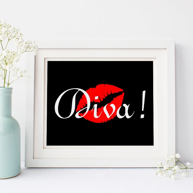 Red Diva Kiss Poster (Red Diva Kiss on Black Poster)