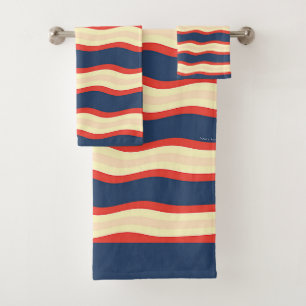 Red Dk Blue Wavy Creme  Bath Towel Set