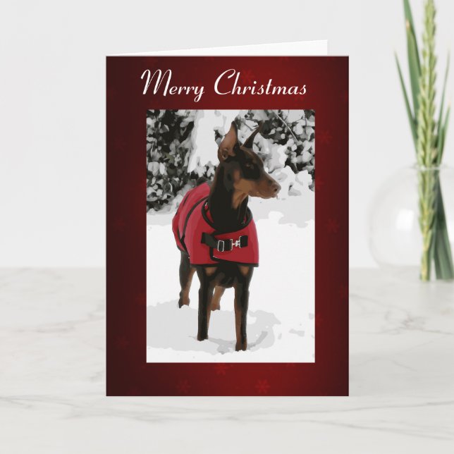 Red Doberman in Snow Christmas Card (v9-2 Ribbon) (Front)