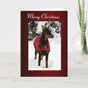 Red Doberman in Snow Christmas Card (v9-2 Ribbon)