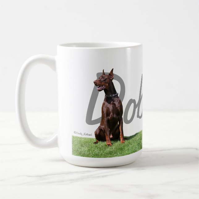 Red Doberman Pinschers with breed name graphic Mug (Left)