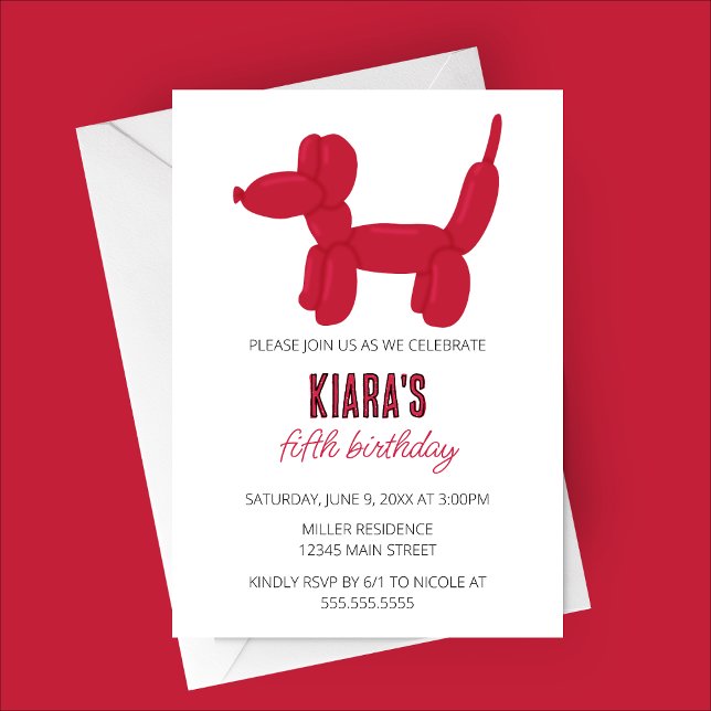 Red Dog Balloon Animal Birthday Party Invitation (Red Dog Balloon Animal Birthday Party Invitation)