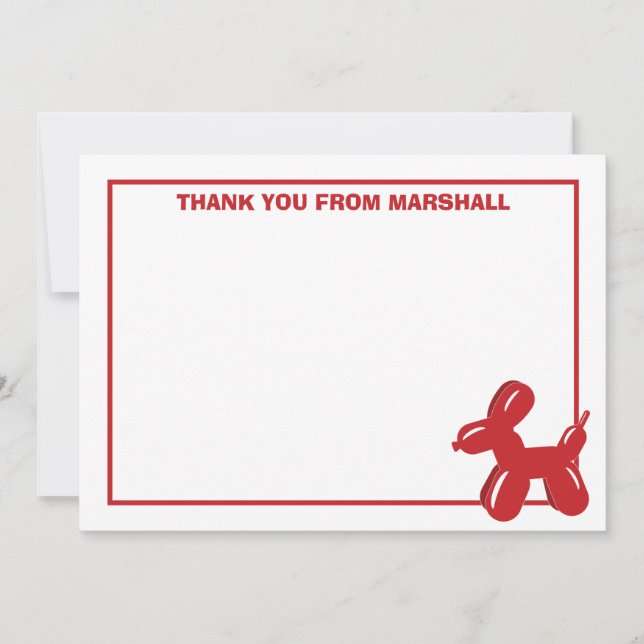 Red Dog Balloon Animal Birthday Thank You Card (Front)