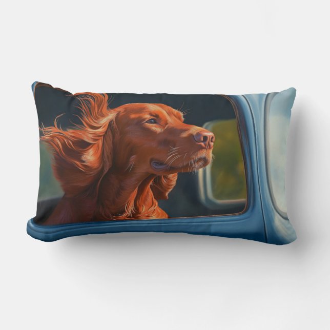 Red Dog Enjoying Scenic Car Ride Art Print Lumbar Pillow (Front)