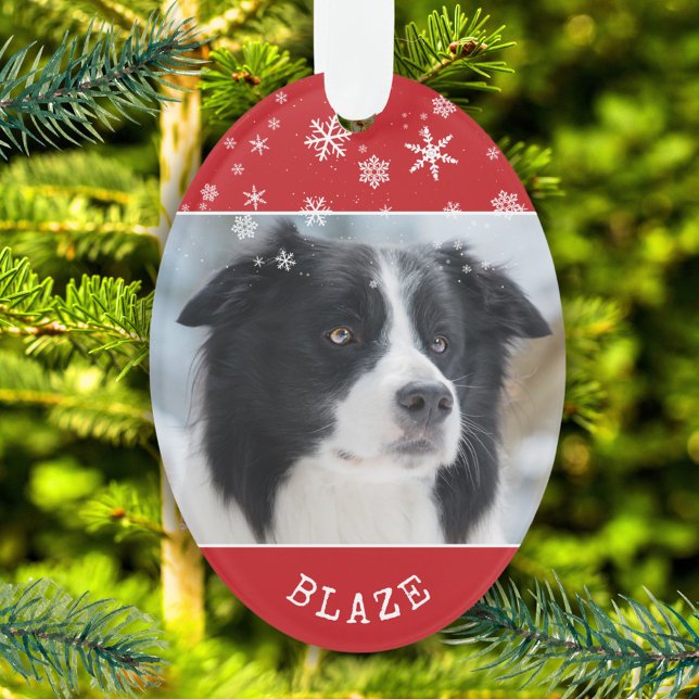 Red Dog Photo and Name Snowflake Pattern Ornament (Creator Uploaded)