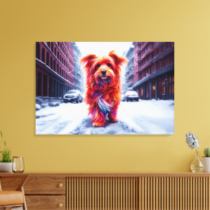 Red dog walking down snowy winter street canvas print