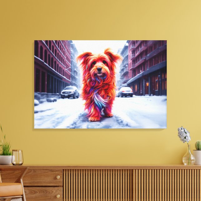 Red dog walking down snowy winter street canvas print (Insitu(LivingRoom))