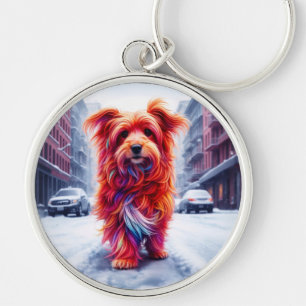 Red dog walking down snowy winter street keychain