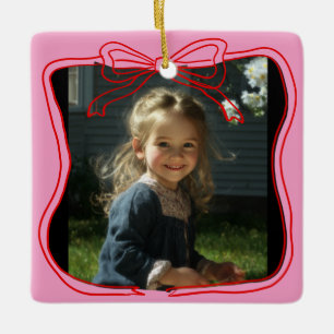 Red Doodle Bow Frame Custom Photo Ceramic Ornament