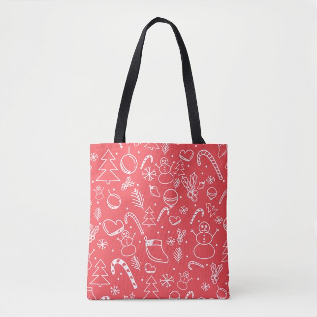 Red Doodle Christmas Pattern - Festive Holiday Tote Bag (Front)