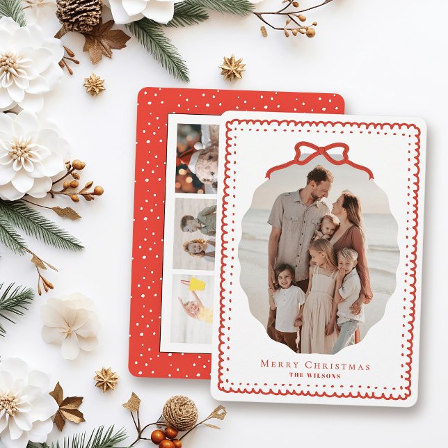 Red Doodle Frames & Bow 4 Photo Christmas Holiday Card (Creator Uploaded)