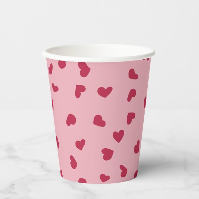 Red Doodled Hearts on Pink Paper Cups (Front)
