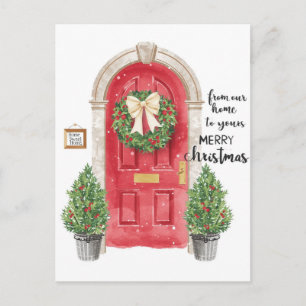 Red Door Potted Trees Wreath Watercolor Holiday Postcard