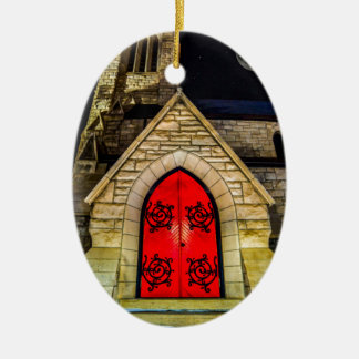 Red Door to Church with Moon Ceramic Ornament