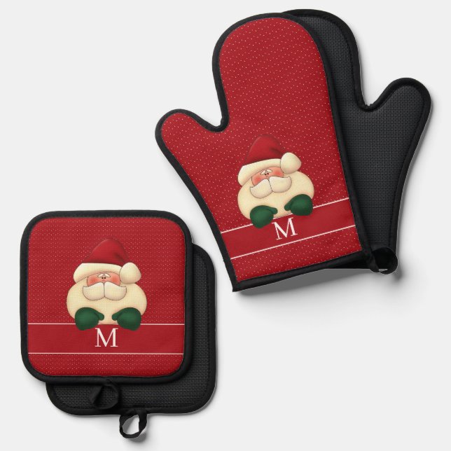 Red Dots and Santa with Monogram Christmas Oven Mitt & Pot Holder Set (Front/Back)