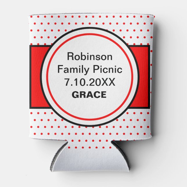 Red Dots Family Picnic Name Can Cooler (Front)