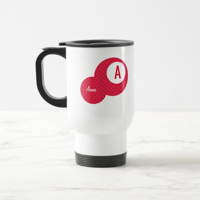 Red Dotty Personalized Monogram Travel Mug (Left)
