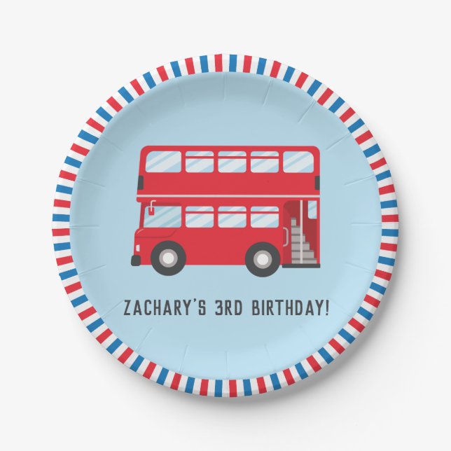 Red Double Deck London Bus Birthday Party Supplies Paper Plate (Front)