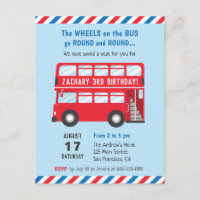 Red Double Deck London Bus Kids Party Invitations