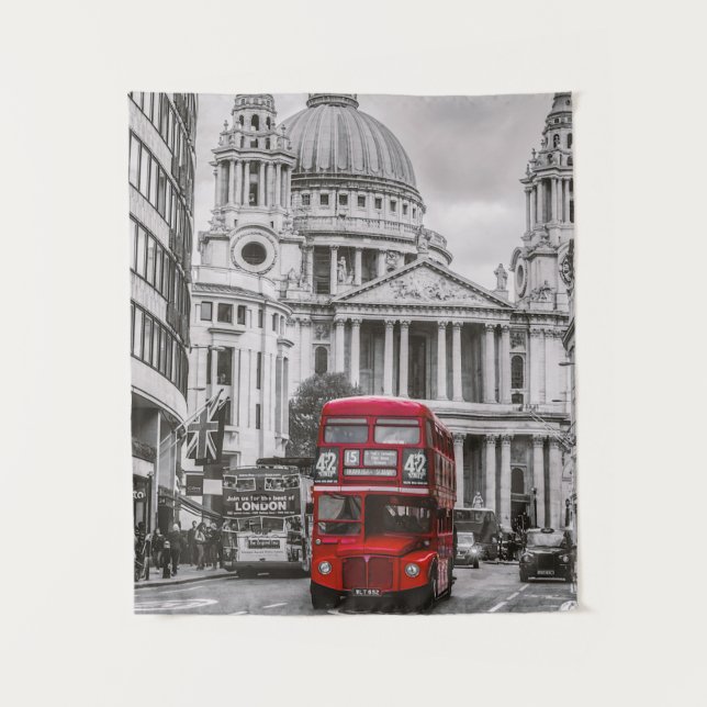 Red Double-Decker Bus by London St Paul Cathedral Tapestry (Front)