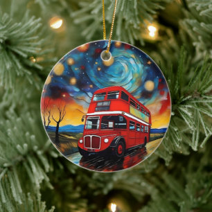 Red Double Decker Bus On A Starry Night, Ceramic Ornament