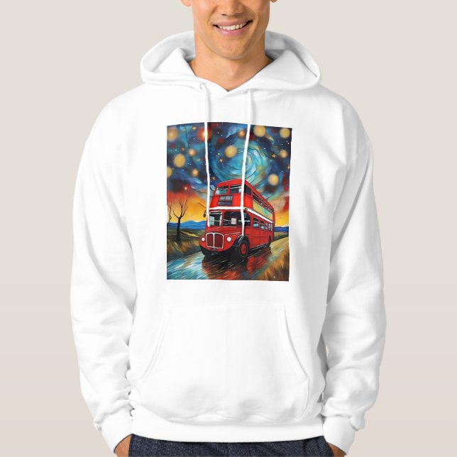 Red Double Decker Bus On A Starry Night, Hoodie (Front)