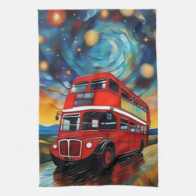 Red Double Decker Bus On A Starry Night, Kitchen Towel (Vertical)