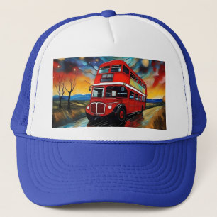 Red Double Decker Bus On A Starry Night, Trucker Hat