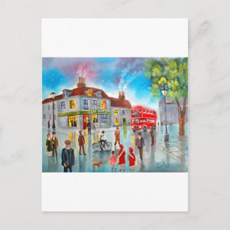 Red double decker bus street scene painting postcard