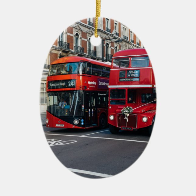Red Double Decker Buses Ceramic Ornament (Front)