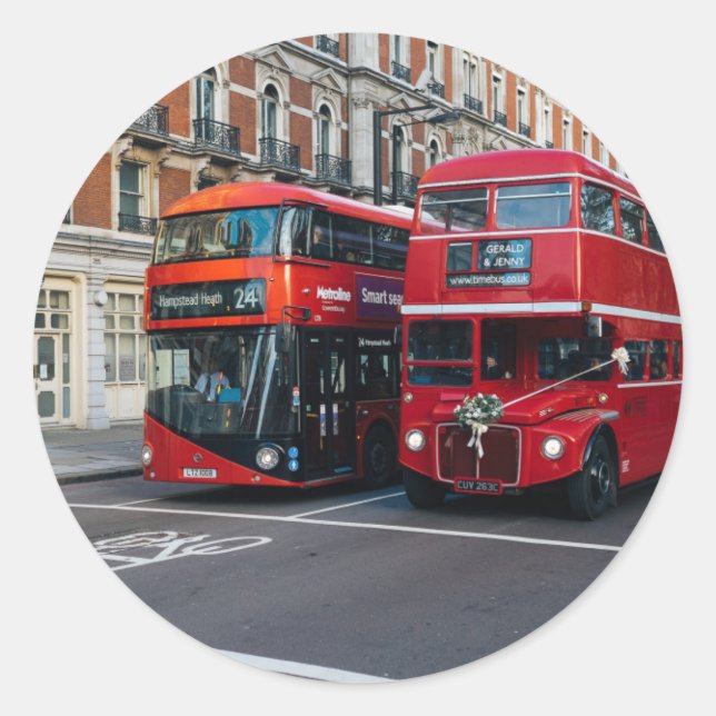 Red Double Decker Buses Classic Round Sticker (Front)