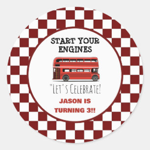 Red Double Decker City Bus Boys thank you card Classic Round Sticker