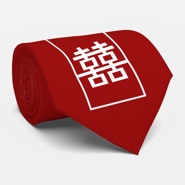 Red Double Happiness Chinese Wedding Oriental Tie (Rolled)