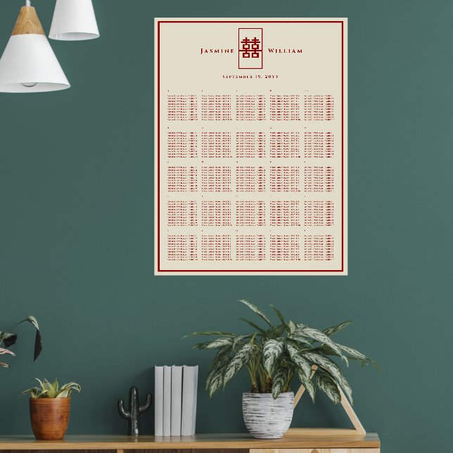Red Double Happiness Chinese Wedding Seating Chart (Living Room 1)