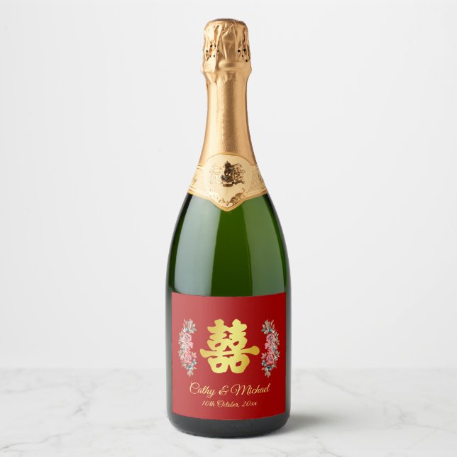 Red double happiness floral Chinese wedding Sparkling Wine Label (Front)