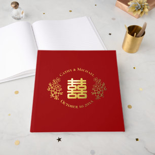 Red double happiness floral logo chinese wedding guest book
