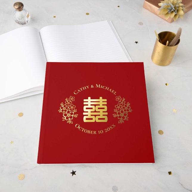 Red double happiness floral logo chinese wedding guest book (Front Open)
