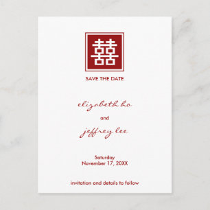 Red Double Happiness Save The Date Chinese Wedding Announcement Postcard