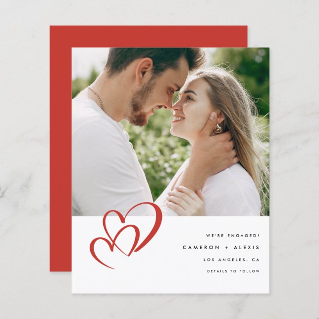 Red Double Heart Photo Engagement Announcement (Front/Back)
