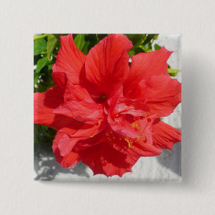 Red Double Hibiscus Flower 2 Inch Square Button